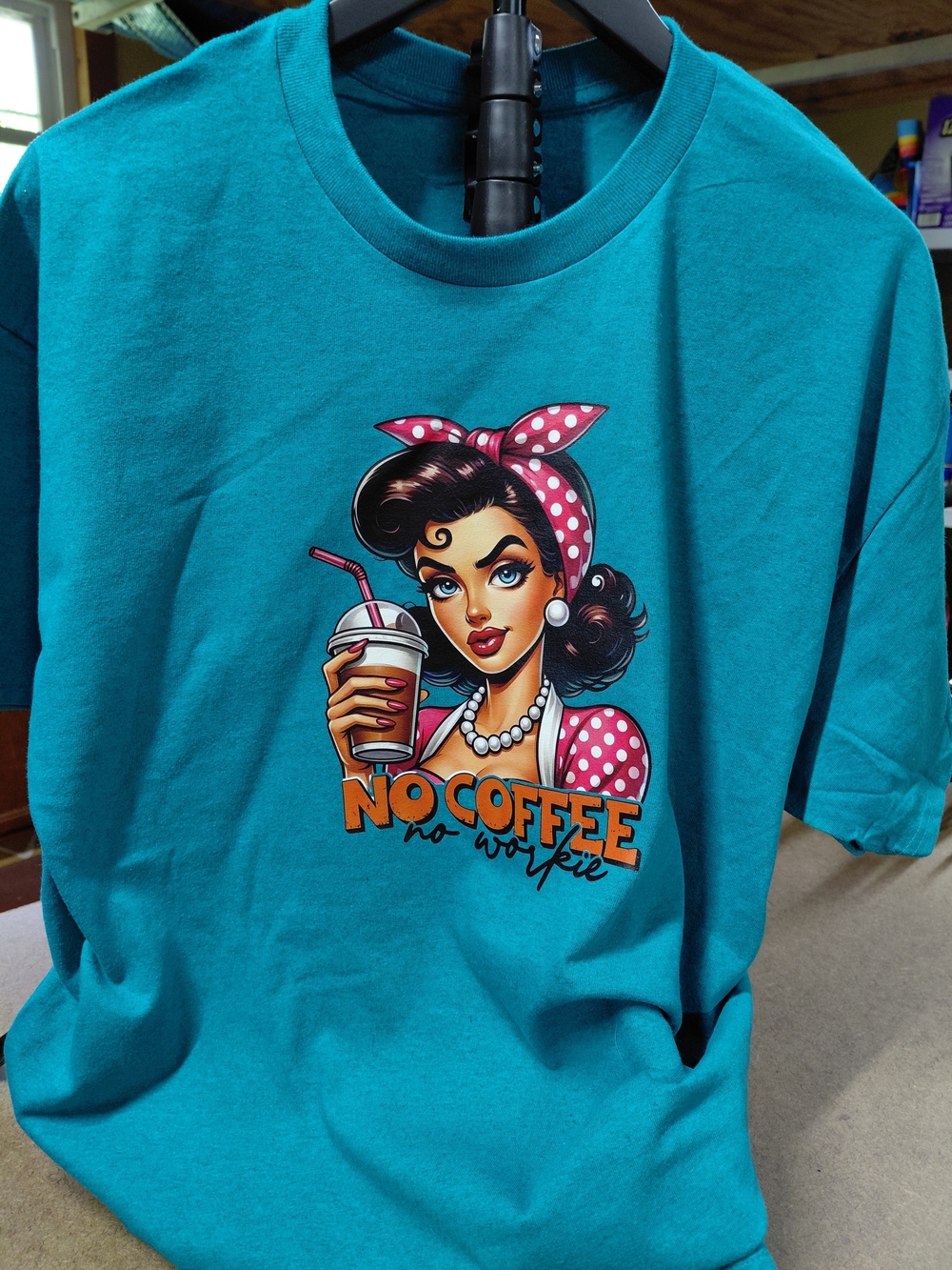 T-shirt XL Womens Heather Teal Gildan Heavy Cotton "No Coffee No Workie" New
